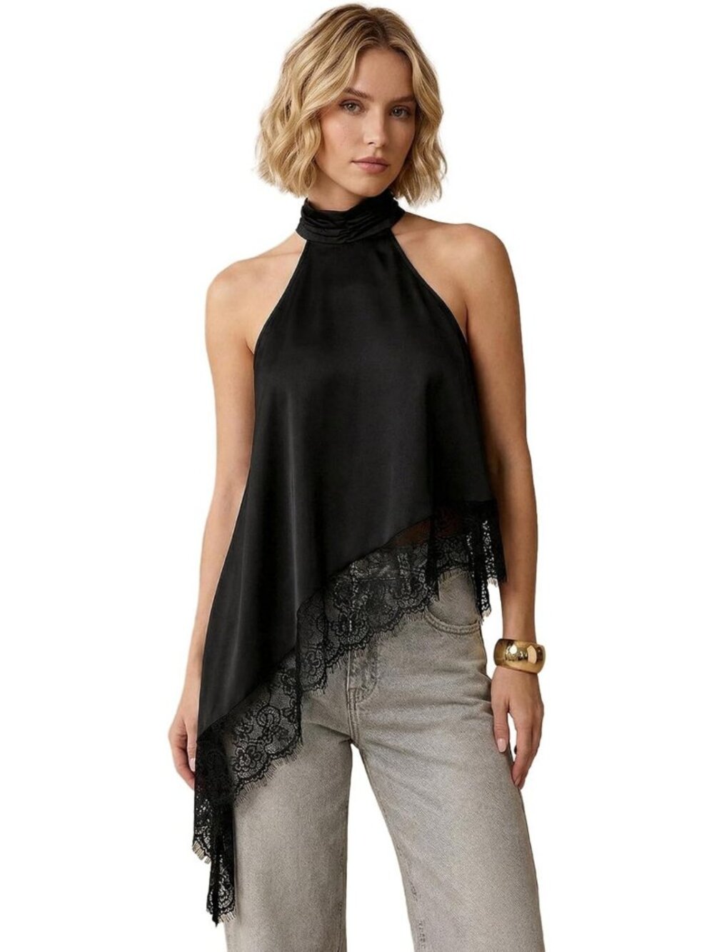 Lace Asymmetrical Halter Top | Flowy Satin Going Out Top for Women